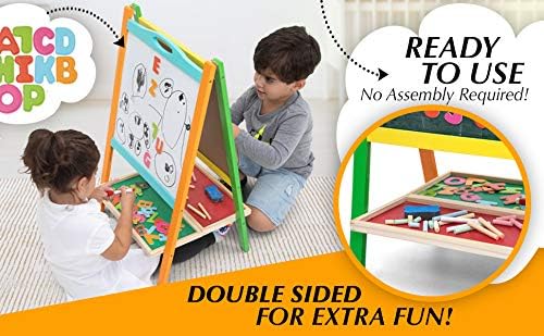 Double Sided Wooden Art Easel for Kids Standing Magnetic Whiteboard Chalkboard Small Toddler Toys. Includes Wooden ABC Numbers. Eco Friendly