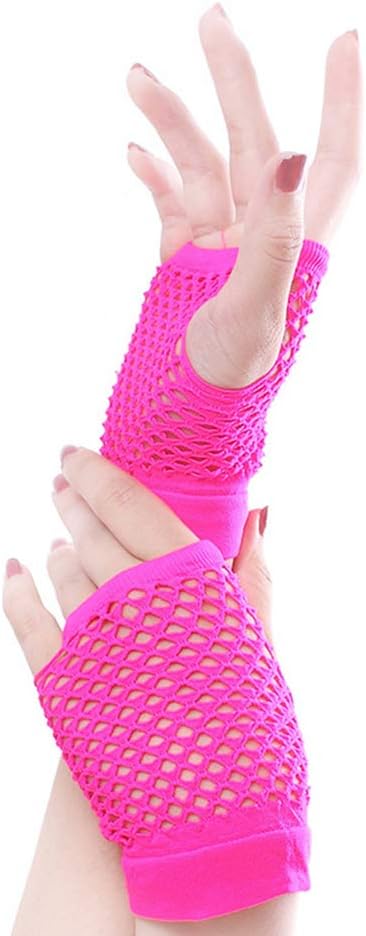 80s Women Costume Accessories Set Acrylic Neon Bead Necklace Bracelet Colorful Fingerless Short Fishnet Gloves for 80's Party