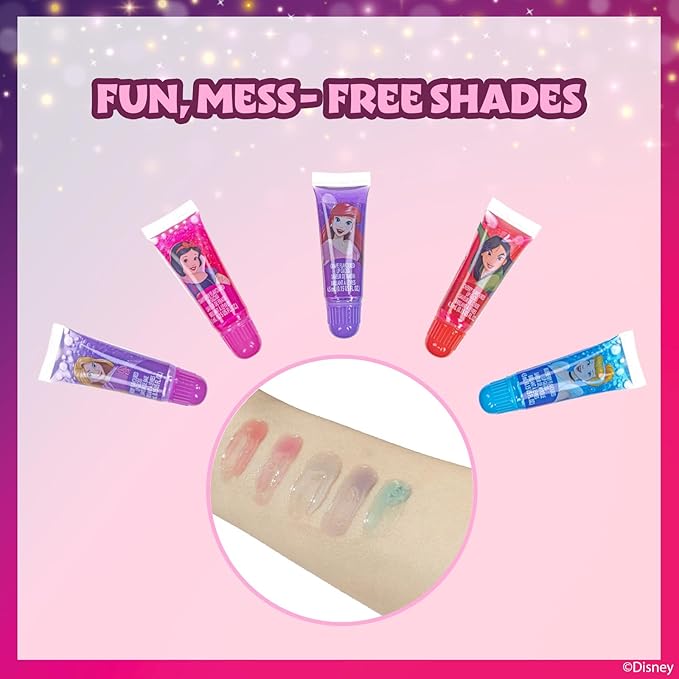 Disney Princess Sparkly Cosmetic Makeup Set for Girls with Lip Gloss Nail Polish Nail Stickers - 11 Pcs|Perfect for Parties Sleepovers Makeovers Birthday Gift for Girls 3+