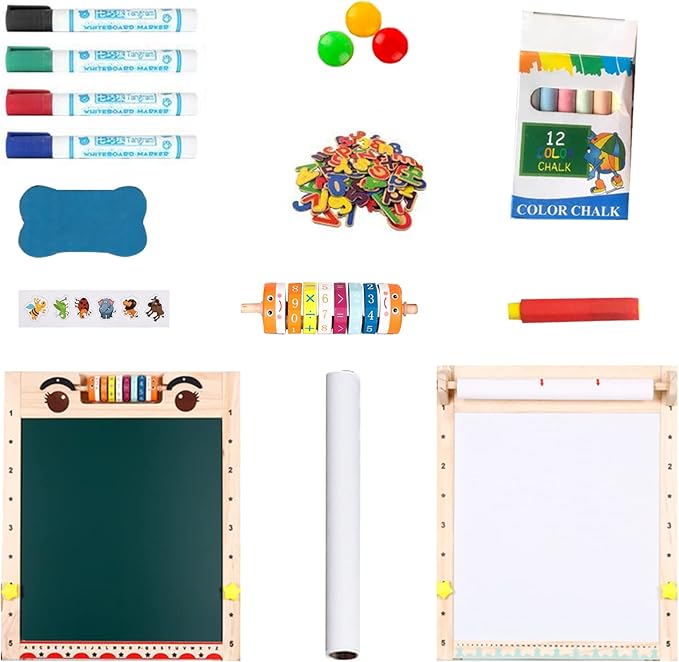Easel for Toddlers Kids Easel with Paper Roll Double-Sided Whiteboard & Chalkboard Standing Easel with Numbers and Other Accessories for Kids and Toddlers
