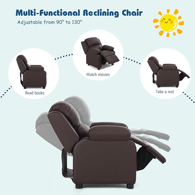Kids Recliner, Leather Lounge Chair w/Footrest, Armrest, Headrest & Lumbar Support, Ergonomic Toddler Sofa Armchair for Boys Girls (Brown)