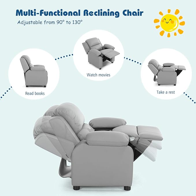 Kids Recliner, Leather Lounge Chair w/Footrest, Armrest, Headrest & Lumbar Support, Ergonomic Toddler Sofa Armchair for Boys Girls (Gray)