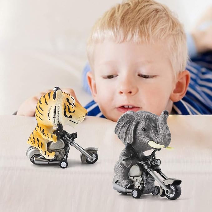 DINOBROS Tiger and Elephant Toys for Kids Toddlers 3-7 Years Old 2 Pack Friction Animal Motorcycle Car Toys for Boys and Girls