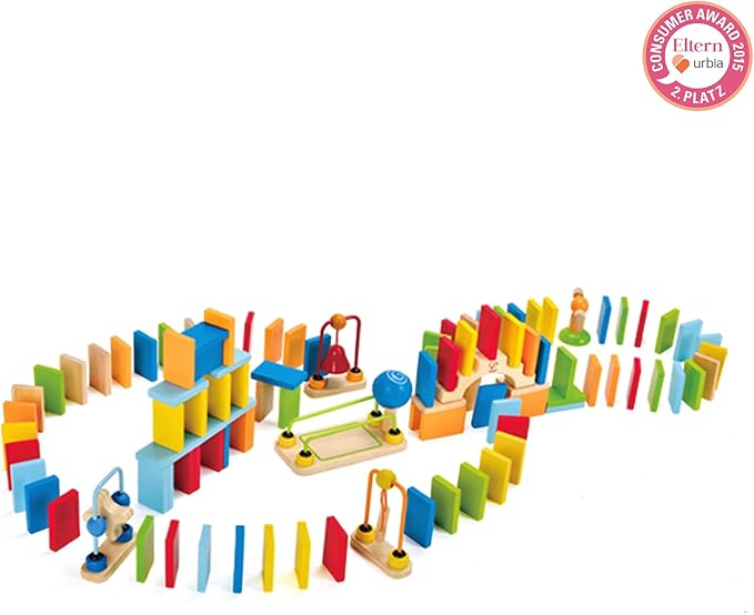 Hape Dynamo Wooden Domino Set Award Winning Domino Racing Building Block Set for Kids, 107 Solid Pieces of Fun Filled Racing, Building and Stacking