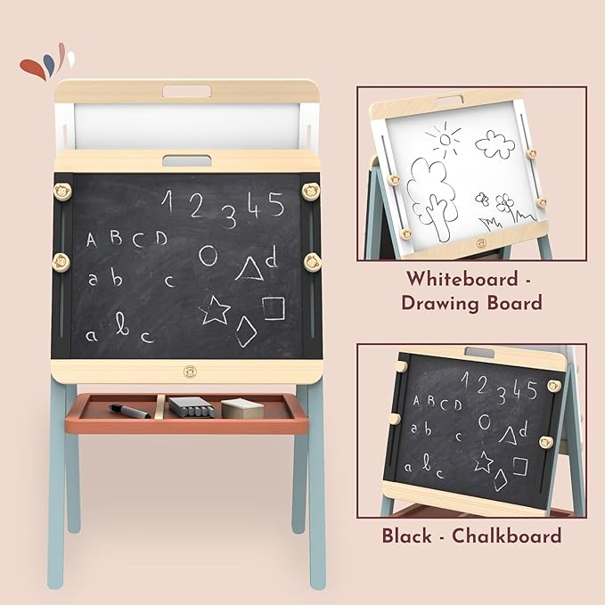 SPEEDY MONKEY Adjustable Wooden Easel for Kids, Double-Sided Chalkboard & Magnetic Whiteboard, Learning Toy for Children, Ideal Holiday Gift for Birthdays