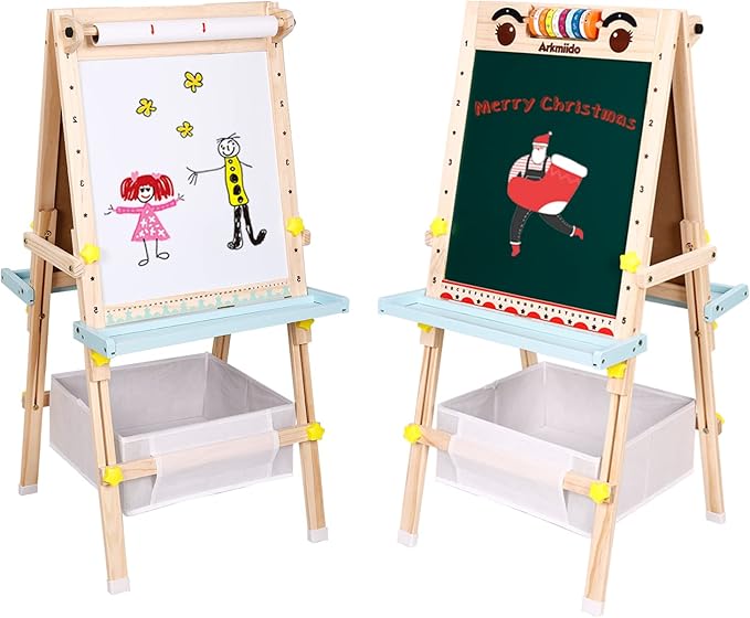 Easel for Toddlers Kids Easel with Paper Roll Double-Sided Whiteboard & Chalkboard Standing Easel with Numbers and Other Accessories for Kids and Toddlers