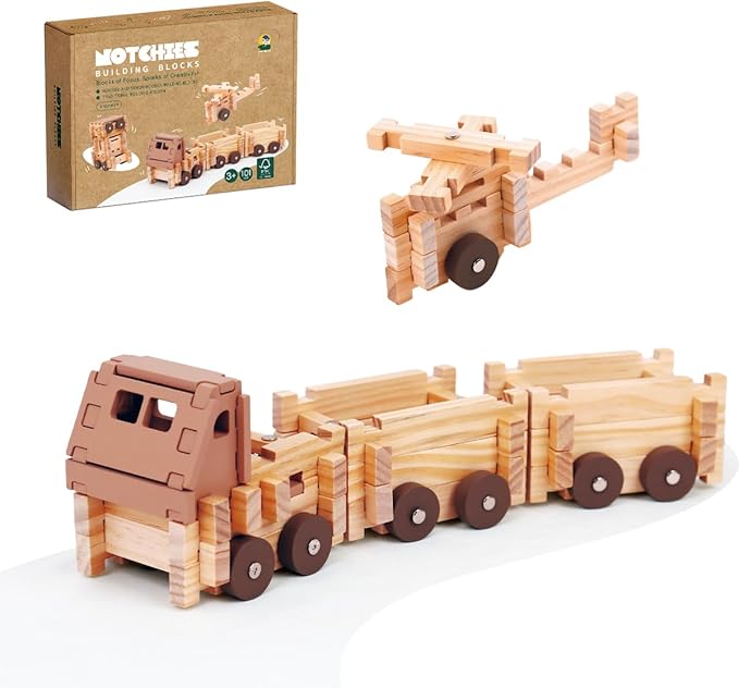 Jovi-mindly Wooden Building Blocks Car Set Toddler Boy Toys (101 pcs) with Storage Bag, Educational Classic Wooden Blocks for Toddlers Ages 3+ Boys and Girls,Truck/Excavator,FSC Certified