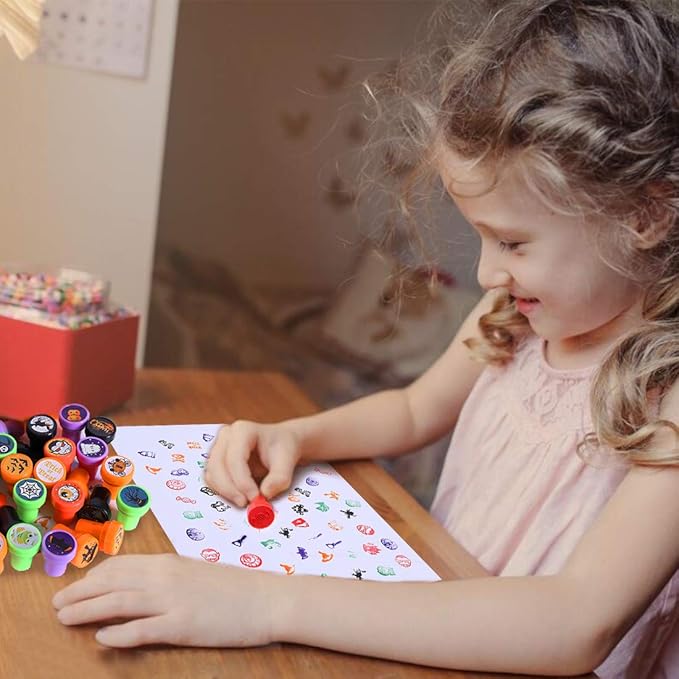 Max Fun 108Pcs Halloween Assorted Stamps ( 27 Designs, 5 Colors Trick or Treat Stamps ) for Kids Halloween Party Favors Supplies, Goodies Bags, Classroom Game Reward Prizes (Halloween Stamper)