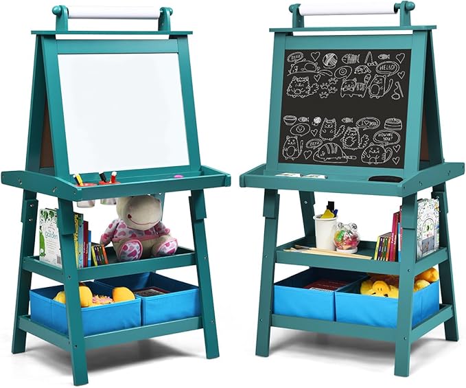 MAT Expert Kids Art Easel, 2-Side Child Easel w/Dry Whiteboard, Chalkboard & Paper Roll, Storage Easel w/2-Tier Rack & 2 Storage Boxes, 3 in 1 Toddler Art Craft Supply Drawing Easel (Blue)