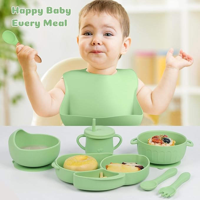 Silicone Baby Feeding Set 15 Pcs,Baby Spoons Suction Bowl Divided Plate Bib Cup Finger Brush Teething Teether,Baby Led Weaning Supplies,Baby & Toddler Silicone Plates and Bowls Dining Set(green)