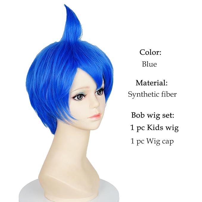 Probeauty Short Blue Wig for Kids Child Layered Anime Costume Wig for Halloween Cosplay Party