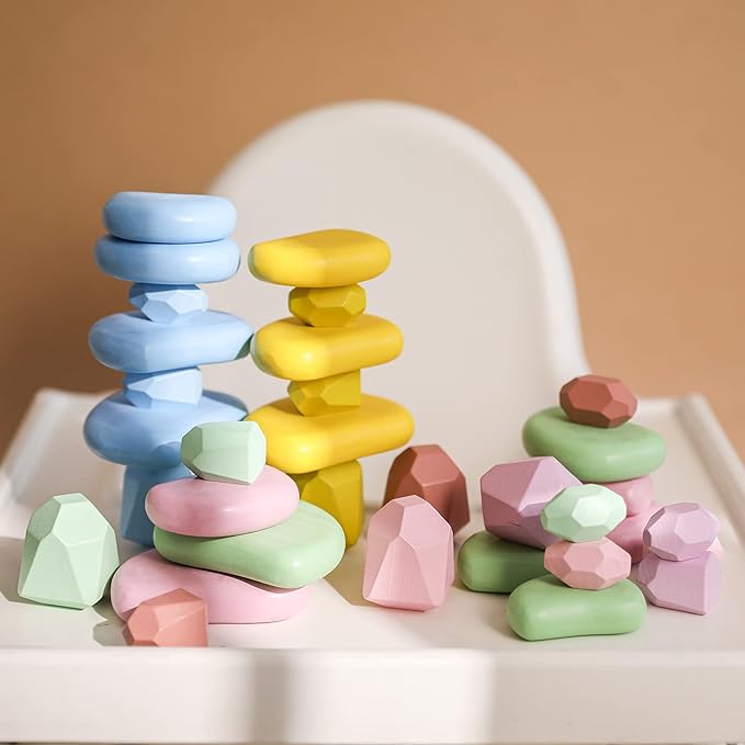 OESSUF 34PCs Stacking Rocks Balancing Stacking Stones Wooden Stacking Toys Wooden Stone Stacking Game for Toddler Wood Sorting Montessori Stacking Rocks for Kids