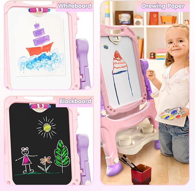 Easel for Kid, Double Sided Kids Art Easel with Magnetic Chalkboard & White Board, Adjustable Standing Painting Drawing Board for Toddler, Education Gift Toy for Boy Girls Age 3, 4, 5 (Pink+Puple)