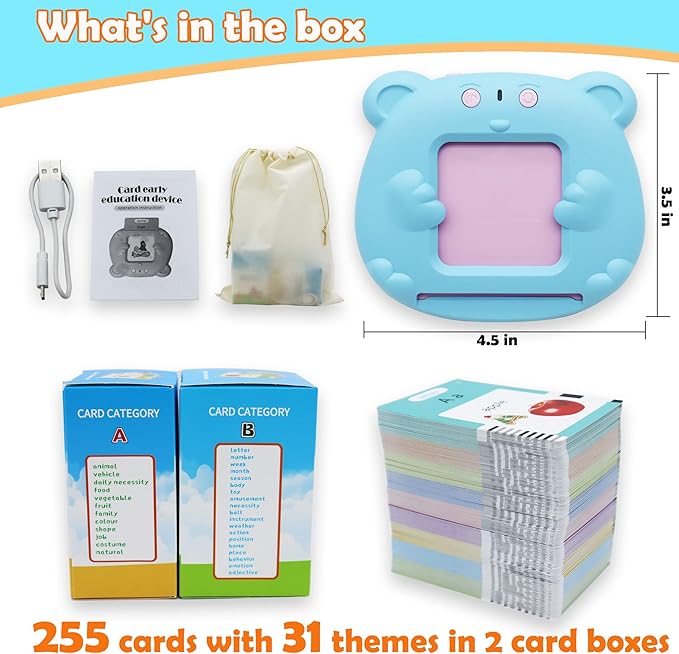 Spanish & English 510 Words Alphabet Bilingual Talking Flash Cards for 3-8 Years Toddlers, Pocket Speech Buddy Therapy Autism Toys, Educational Learning Interactive Toy for Boys Girls Kids Gifts Blue