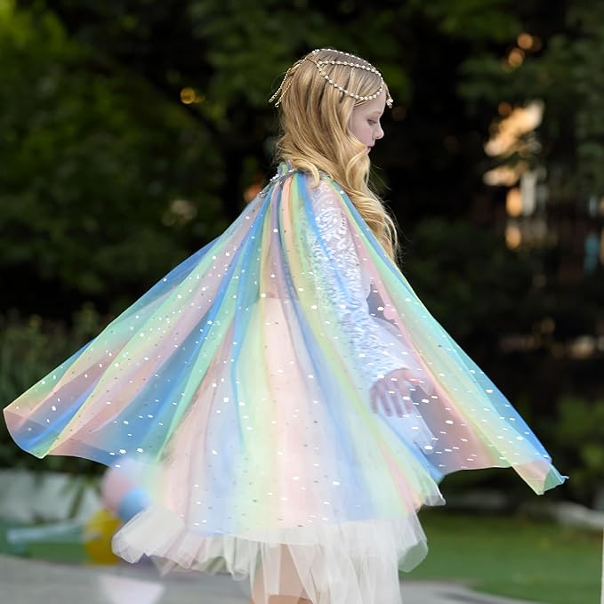 Princess Cape Set Dress Up Accessories Party Cosplay Cloak Costumes with Tiara Crown Wand Wig Golves for Little Girls