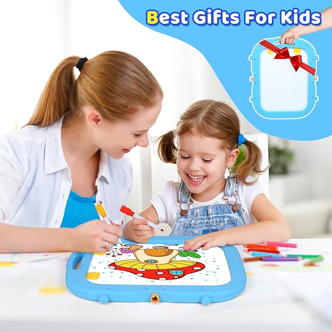 Double-Sided 360°Rotating Kids Easel and Toddler Art Easel, Equipped with A Little Bench and Painting Accessories, Childrens Art Easel for Kids 3-4, Gifts for Toddler (Orange+Blue)
