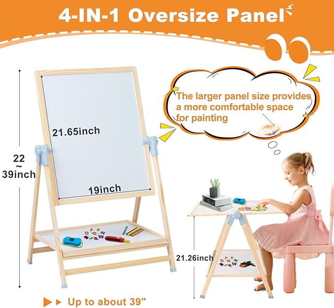 Easel for Kids, Weudear Kids Easel Double Sided Wooden Easel Standing, 4 in 1 White Board & Magnetic Drawing Board & Tabletop Easel, Art Easel for Kids 3-4 4-8 9-12 Height Adjustable 22-39inch