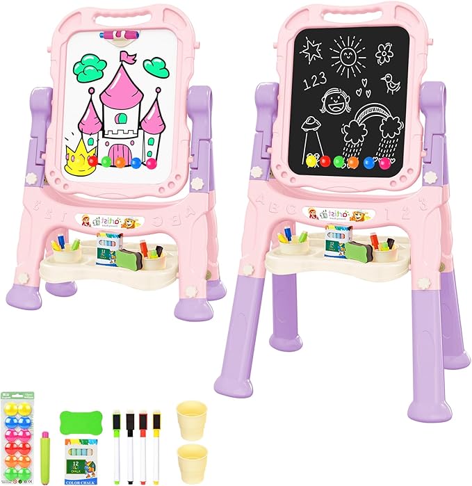 Easel for Kid, Double Sided Kids Art Easel with Magnetic Chalkboard & White Board, Adjustable Standing Painting Drawing Board for Toddler, Education Gift Toy for Boy Girls Age 3, 4, 5 (Pink+Puple)