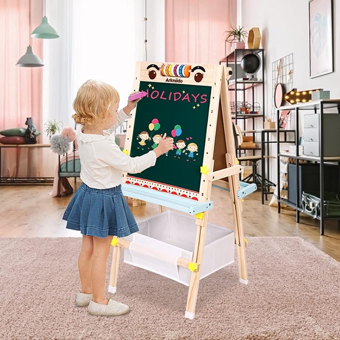 Easel for Toddlers Kids Easel with Paper Roll Double-Sided Whiteboard & Chalkboard Standing Easel with Numbers and Other Accessories for Kids and Toddlers