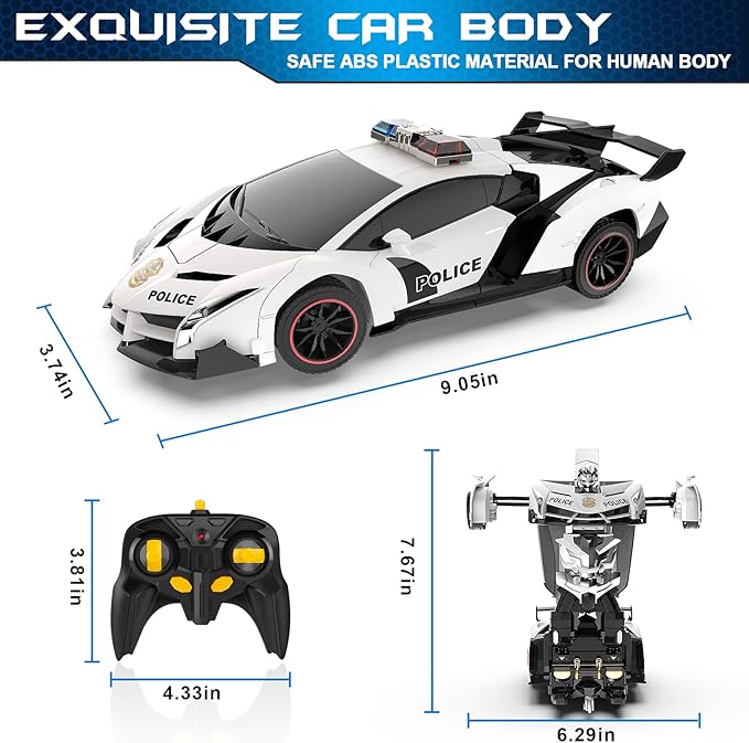 FDJ Remote Control Car - Transform Toys Car Robot, One Button Deformation to Robot with Flashing Light, 2.4Ghz 1:18 Scale Transforming Police Car Kids Toys with 360 Degree Rotating, Girls Boys Toys