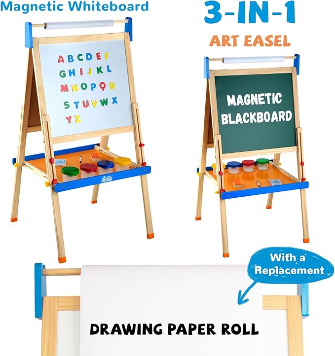 Easel for Kids with Drawing Paper Roll, Learning Toy for 3,4,5,6,7,8 Years Old Boy & Girls, Wooden Chalkboard & Magnetic Whiteboard & Painting Paper Stand, Gift & Art Supplies for Toddler
