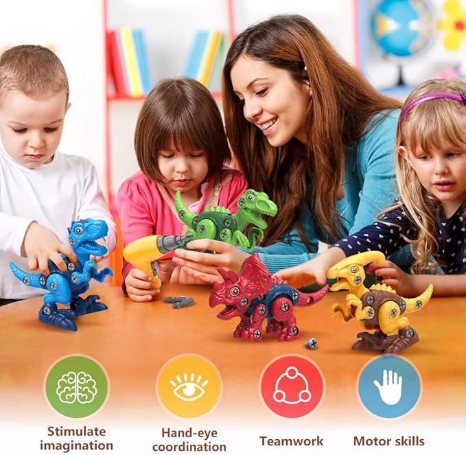 Dinosaur Toys for 3, 4, 5, 6, 7 Year Old Boys, Take Apart Toys with Electric Drill for Kids, STEM Educational Construction Building Toys, Ideal Xmas Birthday Gift, Incl Tyrannosaurus Rex Triceratop