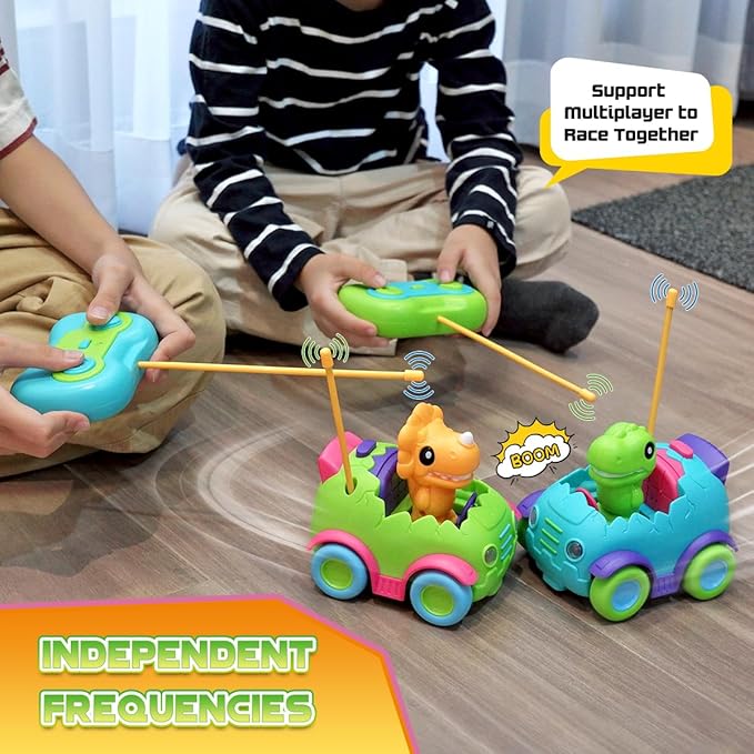 Nueplay Remote Control Car for Toddler Age 2 3 4 5, Electric RC Car Toys with Light & Music, Toddler Dinosaur Toys, Dino Figures Truck Race Car Vehicles, Birthday Gift for Boys & Girls, 2 Pack Playset