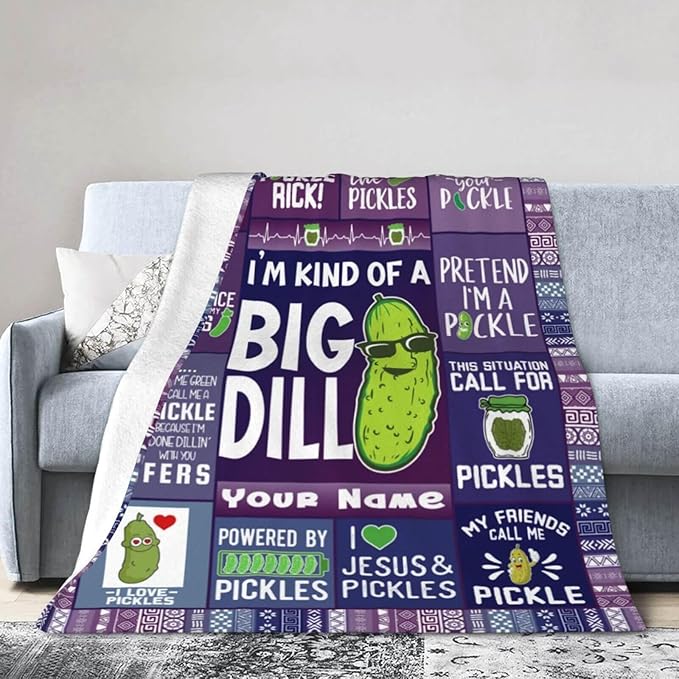 Custom Pickle Blanket with Name for Women Men, Personalized Cute Pickle Themed Design Printed Throw Blankets for Teens Adults Lap, Chair Sofa, Giftable Blanket, 50"x 60"