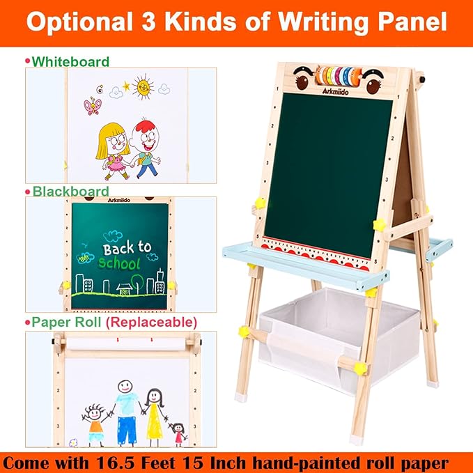 Easel for Toddlers Kids Easel with Paper Roll Double-Sided Whiteboard & Chalkboard Standing Easel with Numbers and Other Accessories for Kids and Toddlers