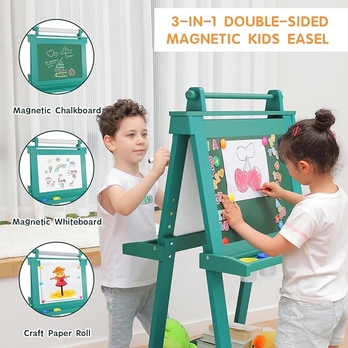 Easel for Kids Deluxe Foldable All-in-1 Toddler Easel with Paper Roll& 84pcs Accessories Magnetic Chalk-Whiteboard Art Center for Kids 3 4 5 6 7 8 Years Old Boys Girls-Green