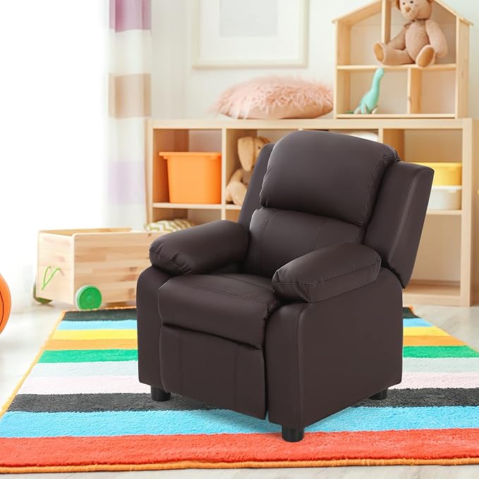 Kids Recliner, Leather Lounge Chair w/Footrest, Armrest, Headrest & Lumbar Support, Ergonomic Toddler Sofa Armchair for Boys Girls (Brown)