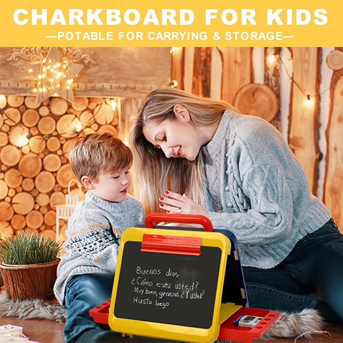 Easel for Kids-Art Easel for Toddler-Chalkboard White Board for Kids-Dry Erase Table Top Easel for Kids-Foldable Double-Sided Easel-Portable Desktop Easel for Toddler Kids3 4 5 6 7 8(Blue & Yellow)