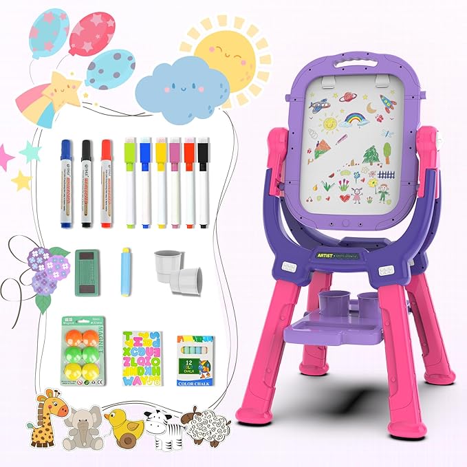 Easel for Kids, Toddler Art Easel Adjustable Standing, Magnetic Double Sided Easel with Painting Accessories Gift for Boys and Girls (Purple red)