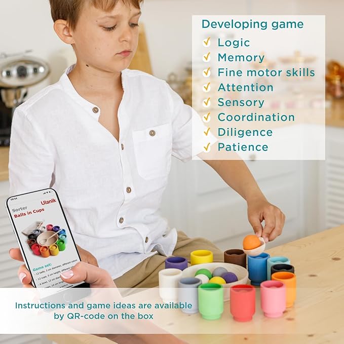 Ulanik Balls in Cups Toddler Montessori Toys for 1 Year Old + Kids Preschool Wooden Matching Games for Learning Color Sorting and Counting