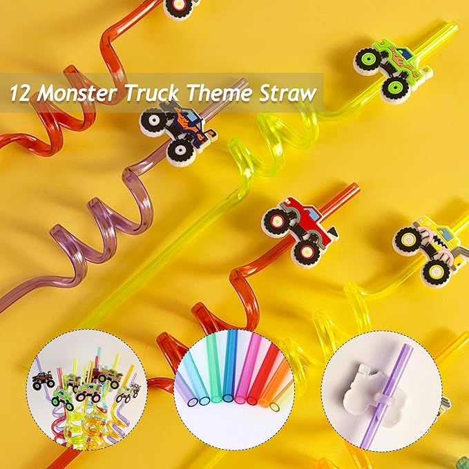 Monster Truck Party Favors Set, monster truck birthday decorations including 7 Types 84 Pcs Drinking Straws Gift Bags Mini Pull Cars Keychains DIY Stickers Temporary Tattoos Slap Bracelet