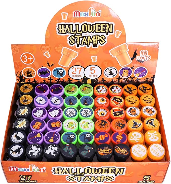 Max Fun 108Pcs Halloween Assorted Stamps ( 27 Designs, 5 Colors Trick or Treat Stamps ) for Kids Halloween Party Favors Supplies, Goodies Bags, Classroom Game Reward Prizes (Halloween Stamper)