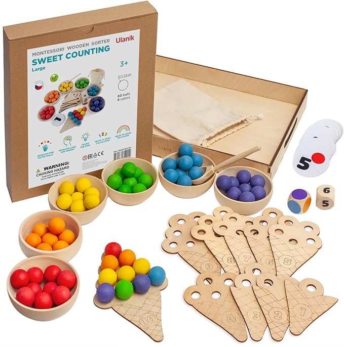 Ulanik Sweet Counting Large Toddler Montessori Toys for 3 Year Old + Kids Wooden Matching Game for Learning Color Sorting and Counting β 60 Balls, 0.98 in