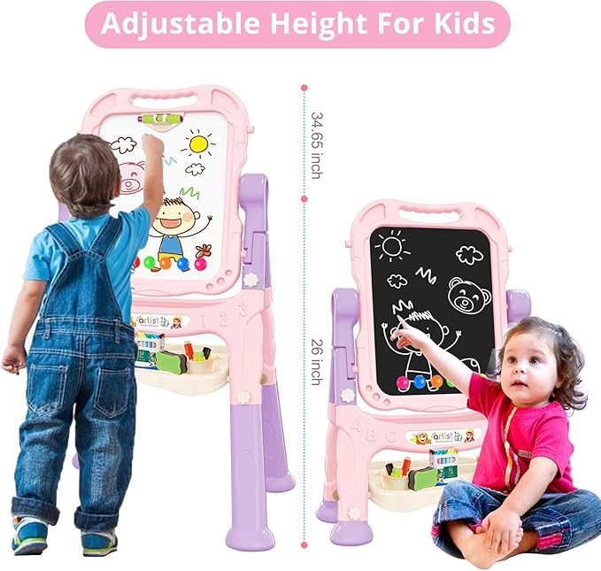 Toddler Easel, Adjustable Standing Easel for Toddlers, Double Magnetic Drawing Board with Painting Accessories, Birthday Present for Little Boys and Girls, Pink