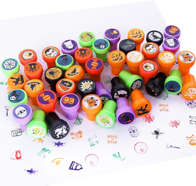 Max Fun 108Pcs Halloween Assorted Stamps ( 27 Designs, 5 Colors Trick or Treat Stamps ) for Kids Halloween Party Favors Supplies, Goodies Bags, Classroom Game Reward Prizes (Halloween Stamper)