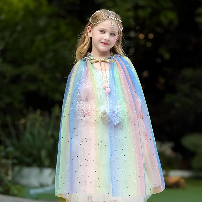 Princess Cape Set Dress Up Accessories Party Cosplay Cloak Costumes with Tiara Crown Wand Wig Golves for Little Girls