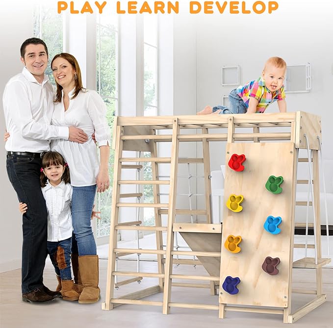 PROY Indoor Jungle Gym, Toddler Climbing Toys Indoor, Indoor Playground Climbing Toys for Toddlers, Climber Playset with Slide, Climbing Rock/Net, Monkey Bars, Drawing Board, Abacus Game and Swing