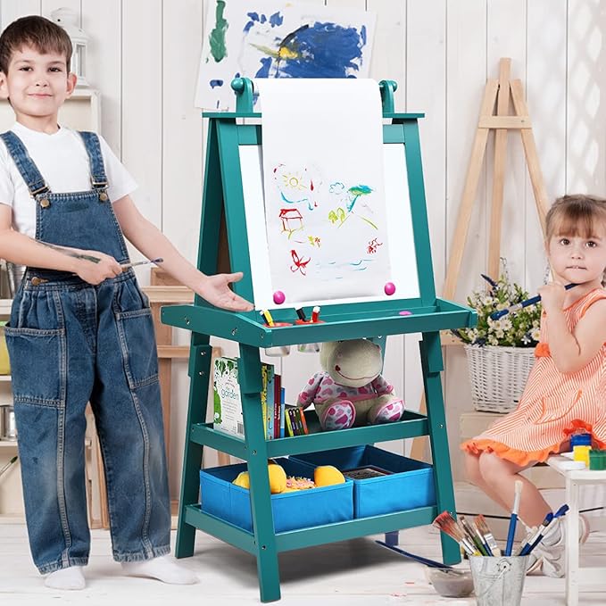MAT Expert Kids Art Easel, 2-Side Child Easel w/Dry Whiteboard, Chalkboard & Paper Roll, Storage Easel w/2-Tier Rack & 2 Storage Boxes, 3 in 1 Toddler Art Craft Supply Drawing Easel (Blue)
