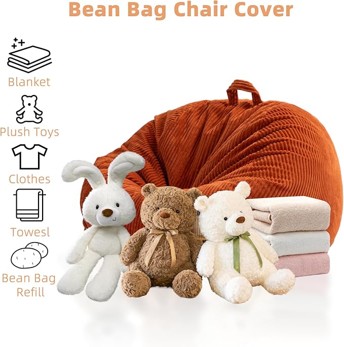 Large Stuffed Animal Storage Bean Bag Chair (No Filler), 3 ft Giant Heavy Soft Corduroy Bean Bag Cover for Kids Teens & Adults,Round Fluffy Sofa for Home Living Room Bedroom College Dorm