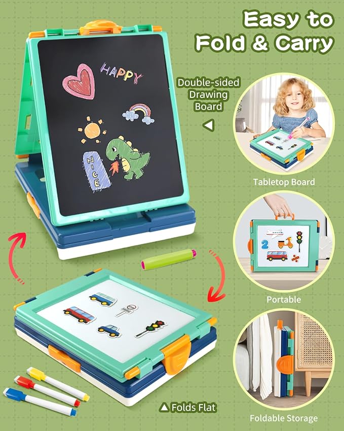Easel for Kids,Tabletop Easel for Toddler, Foldable 4 in 1 Double Sided Kids Art Easel with Chalkboard & Magnetic Whiteboard,Portable Desktop Drawing Board - Gift for Boys and Girls (Green)
