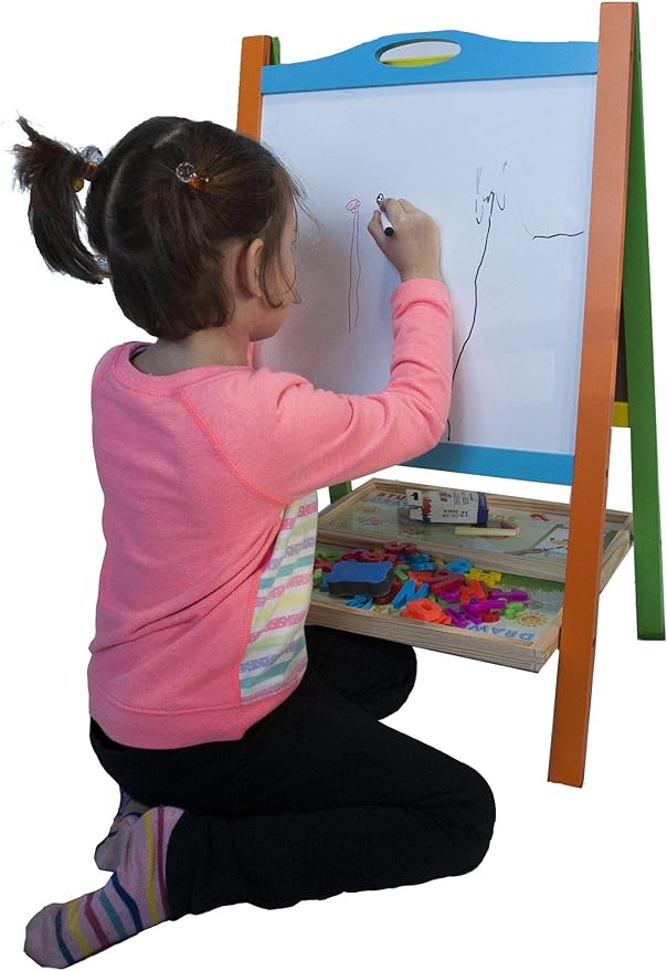 Double Sided Wooden Art Easel for Kids Standing Magnetic Whiteboard Chalkboard Small Toddler Toys. Includes Wooden ABC Numbers. Eco Friendly