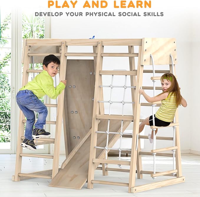 PROY Indoor Jungle Gym, Toddler Climbing Toys Indoor, Indoor Playground Climbing Toys for Toddlers, Climber Playset with Slide, Climbing Rock/Net, Monkey Bars, Drawing Board, Abacus Game and Swing