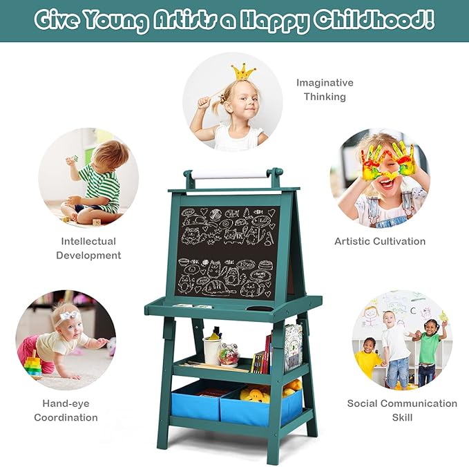 MAT Expert Kids Art Easel, 2-Side Child Easel w/Dry Whiteboard, Chalkboard & Paper Roll, Storage Easel w/2-Tier Rack & 2 Storage Boxes, 3 in 1 Toddler Art Craft Supply Drawing Easel (Blue)