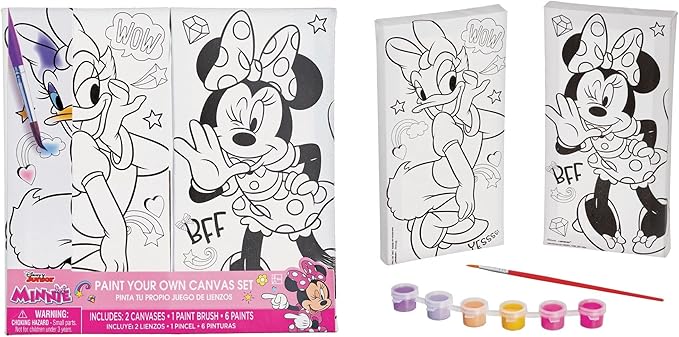 Disney Minnie Mouse Color Your Own Canvas Set - 2 Vibrant Canvases (8"x4"), 6 Bold Paints, 1 Paint Brush - Perfect Creative & Educational Gift for Kids' Artistic Fun - 1 Set