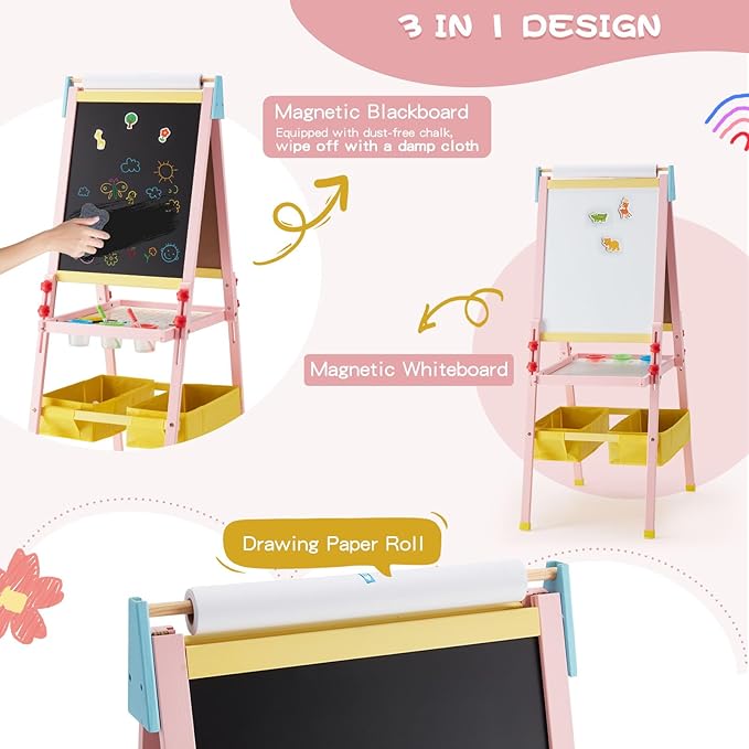 Easel for Kids Art Easel for Toddlers, Height Adjustable Kid Easel with Paper Roll, Toddler Art Easel with Double Sided Magnetic Board and Accessories, Perfect Painting Easel for Kids, Pink