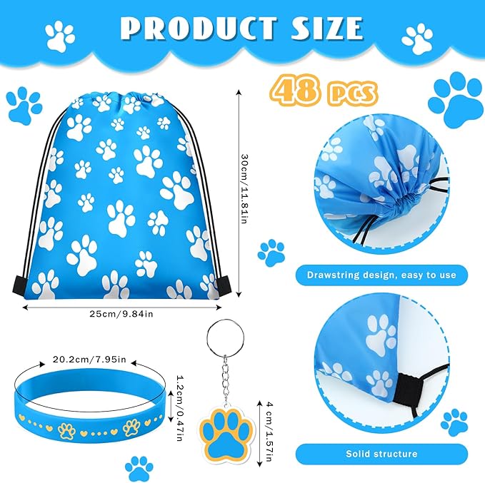 Talltalk 48 Pcs Paw Dog Party Supply Puppy Dog Party Favor Set 16 Paw Print Drawstring Bags Gift Goodie Bags 16 Paw Wristband Rubber Bracelet 16 Patrol Keychain for Puppy Birthday Party Favor Boy Girl